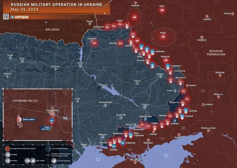Bản đồ chiến sự Ukraine ngày 26/5. (Ảnh: Rybar).