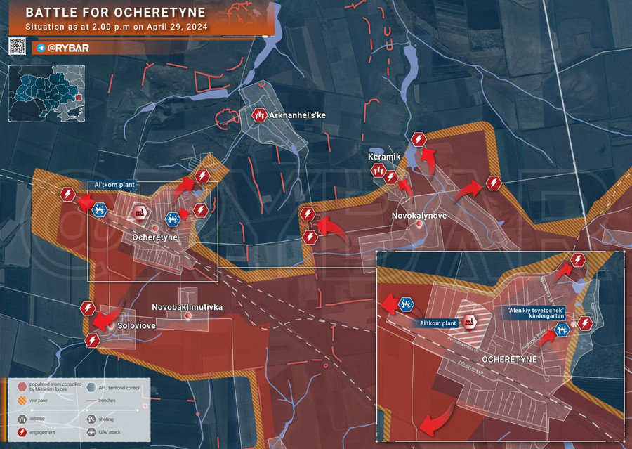 Bản đồ chiến sự Ukraine ngày 29/4, khu vực Ocheretyne. (Ảnh: Rybar)