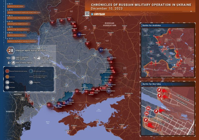 Bản đồ chiến sự Ukraine ngày 10/12. (Ảnh: Rybar).