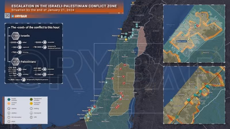 Bản đồ xung đột Israel - Hamas ngày 21/1. (Ảnh: Rybar)
