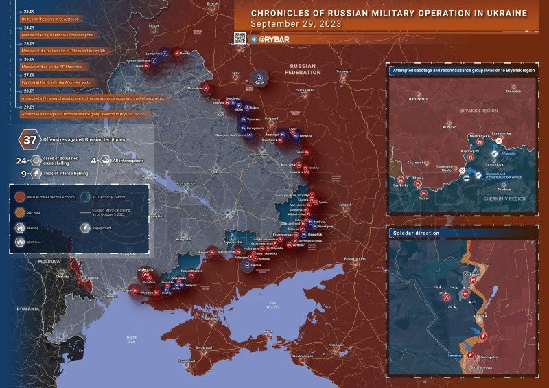 Bản đồ chiến sự Ukraine ngày 29/9. (Ảnh: Rybar). Bản đồ chiến sự Ukraine ngày 29/9. (Ảnh: Rybar).