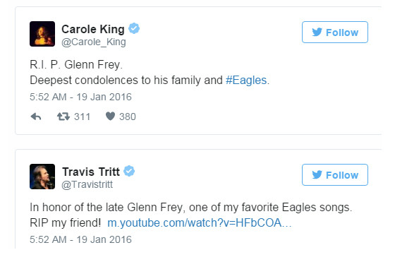 Nghệ sĩ thế giới tiếc thương trước sự ra đi của Glenn Frey. Ảnh chụp màn hình