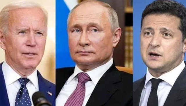 Tổng thống Mỹ Joe Biden (trái), Tổng thống Nga Putin (giữa) và Tổng thống Ukraine Zelensky.