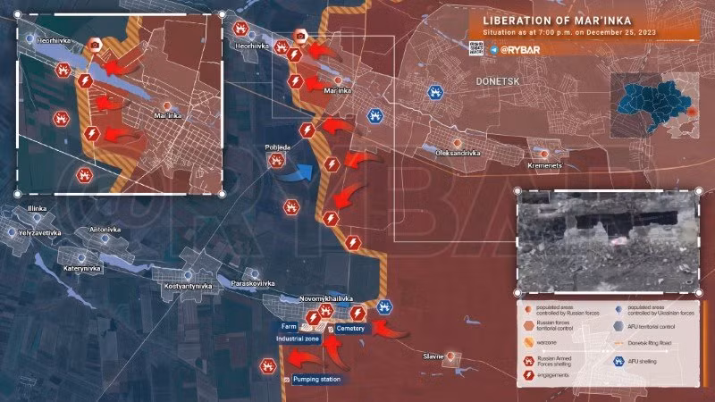 Bản đồ chiến sự Ukraine khu vực Maryinka. (Ảnh: Rybar)