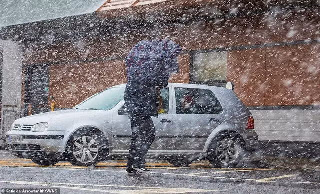 Tuyết rơi xuống thị trấn Bathgate ở West Lothian, Scotland, khi bão Ciara tiếp tục cuộc tấn công rầm rộ vào quần đảo Anh Tuyết rơi xuống thị trấn Bathgate ở West Lothian, Scotland, khi bão Ciara tiếp tục cuộc tấn công rầm rộ vào quần đảo Anh