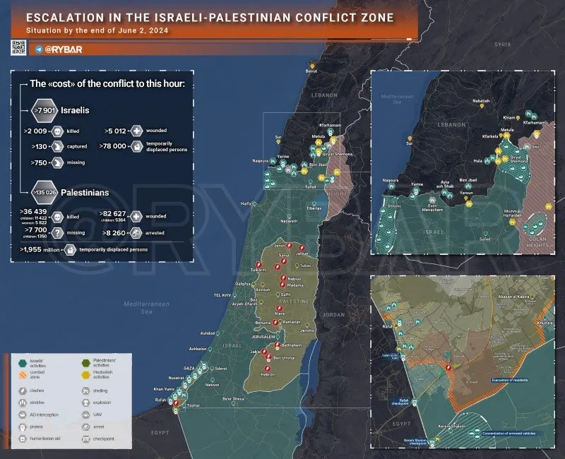 Bản đồ xung đột Israel - Hamas ngày 2/6. (Ảnh: Rybar)