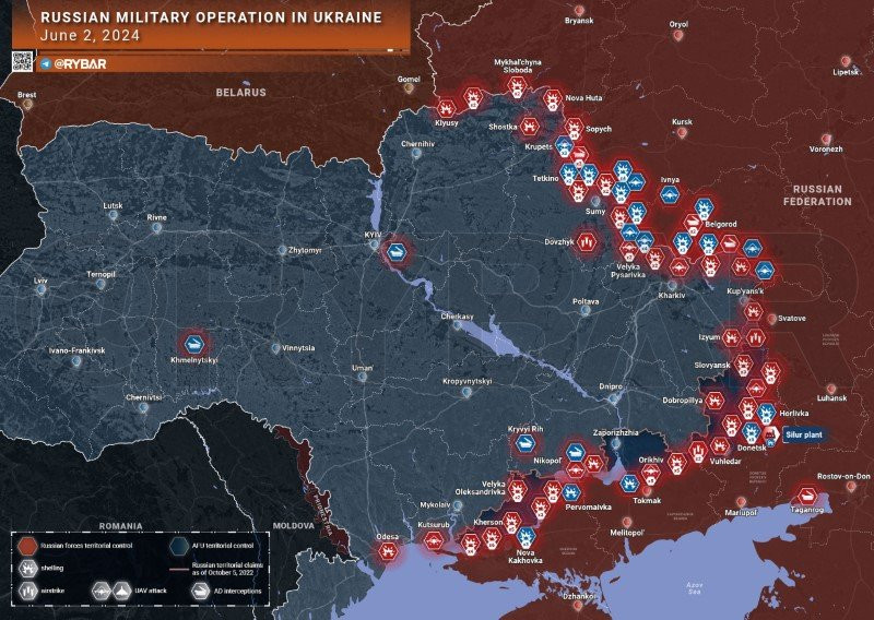 Bản đồ chiến sự Ukraine ngày 2/6. (Ảnh: Rybar)