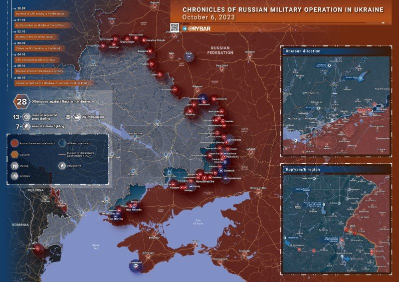 Bản đồ chiến sự Ukraine ngày 6/10. (Ảnh: Rybar). Bản đồ chiến sự Ukraine ngày 6/10. (Ảnh: Rybar).