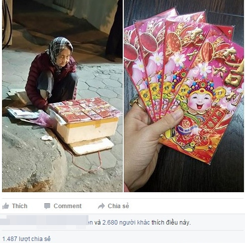 Bức hình cụ bà ngồi co ro bán phong bao lì xì nhận được hàng nghìn lượt chia sẻ. Ảnh chụp màn hình. Bức hình cụ bà ngồi co ro bán phong bao lì xì nhận được hàng nghìn lượt chia sẻ. Ảnh chụp màn hình.