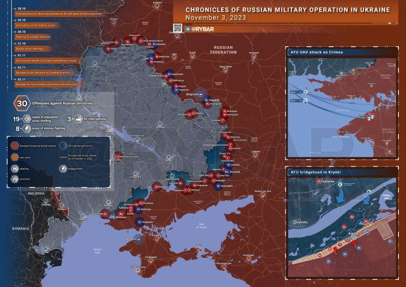 Bản đồ chiến sự Ukraine ngày 3/11. (Ảnh: Rybar). Bản đồ chiến sự Ukraine ngày 3/11. (Ảnh: Rybar).