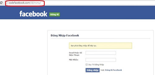 Trang có giao diện giống phần đăng nhập của Facebook, nhưng thực ra đường link là "codefacebook". Ảnh: WhiteHat. FB-6-1255-1426257151.jpg