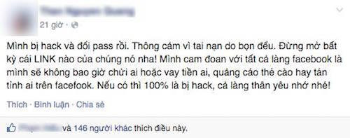 Một nạn nhân của trò lừa sau đó đã phải lên tiếng giải thích với bạn bè. FB-01-8103-1426257149.jpg