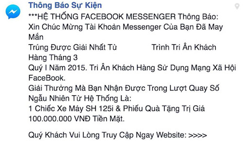 Người dùng nhận được tin nhắn nói đã trúng thưởng và phải truy cập website để nhập thông tin. FB-1-9575-1426257149.jpg