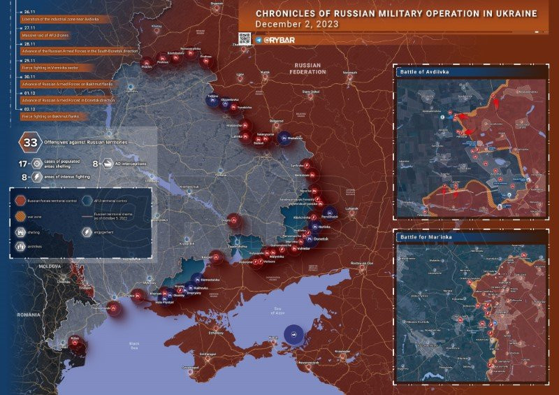 Bản đồ chiến sự Ukraine ngày 2/12. (Ảnh: Rybar). Bản đồ chiến sự Ukraine ngày 2/12. (Ảnh: Rybar).