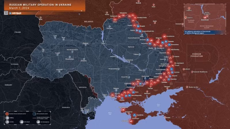 Bản đồ chiến sự Ukraine ngày 1/3. (Ảnh: Rybar)