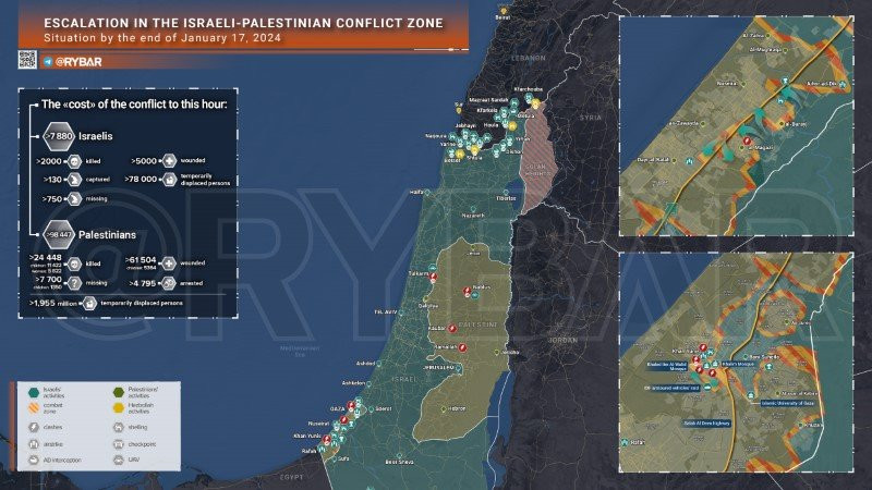 Bản đồ xung đột Israel - Hamas ngày 17/1. (Ảnh: Rybar) Bản đồ xung đột Israel - Hamas ngày 17/1. (Ảnh: Rybar)