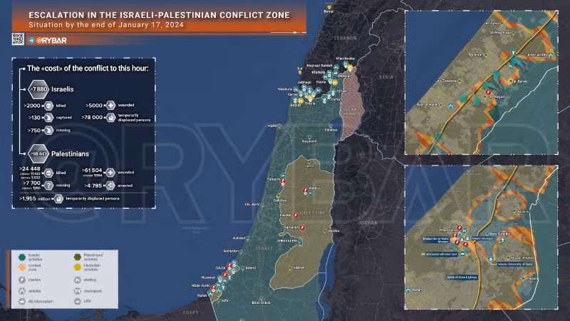 Bản đồ xung đột Israel - Hamas ngày 17/1. (Ảnh: Rybar)