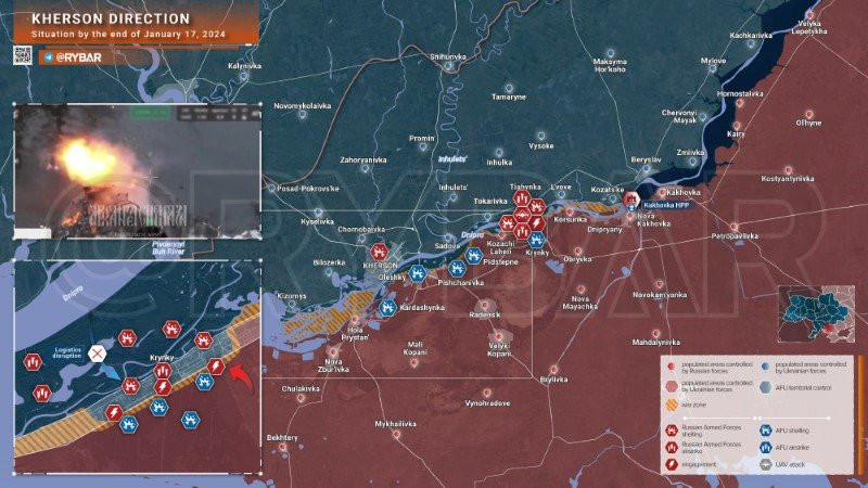 Bản đồ chiến sự Ukraine ngày 17/1, hướng Kherson. (Ảnh: Rybar) Bản đồ chiến sự Ukraine ngày 17/1, hướng Kherson. (Ảnh: Rybar)