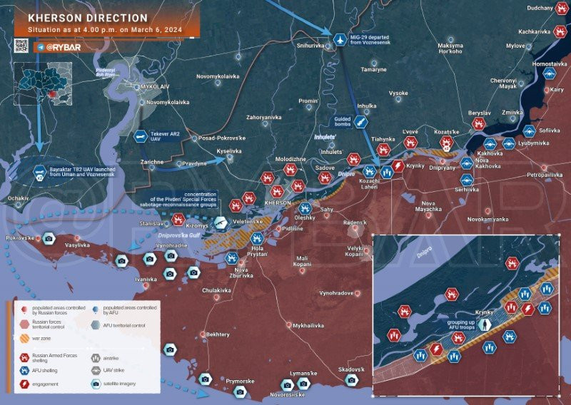 Bản đồ chiến sự Ukraine ngày 6/3, khu vực Kherson. (Ảnh: Rybar)