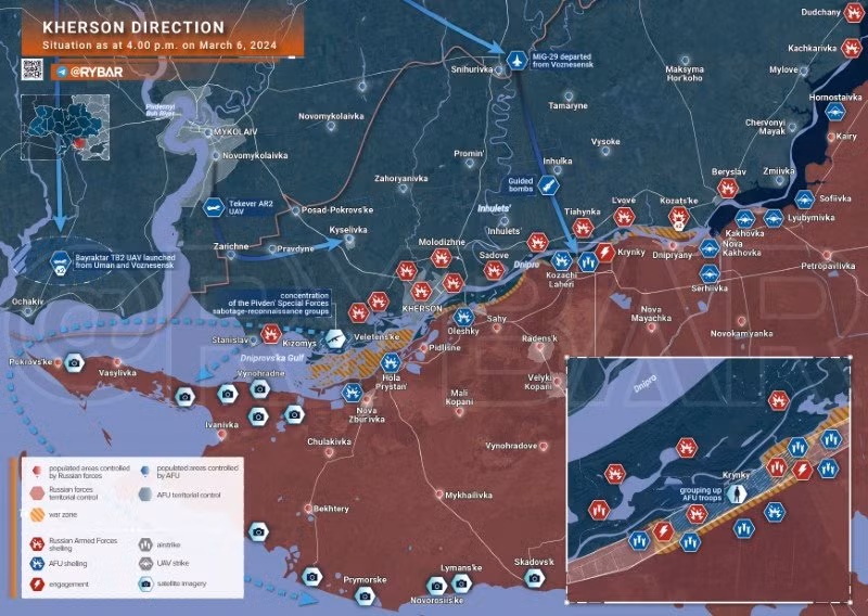 Bản đồ chiến sự Ukraine ngày 6/3, khu vực Kherson. (Ảnh: Rybar)