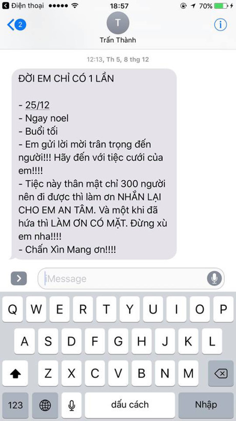 Lộ nội dung tin nhắn mời cưới khác người của Trấn Thành - Ảnh 2 Lo noi dung tin nhan moi cuoi khac nguoi cua Tran Thanh - Anh 2
