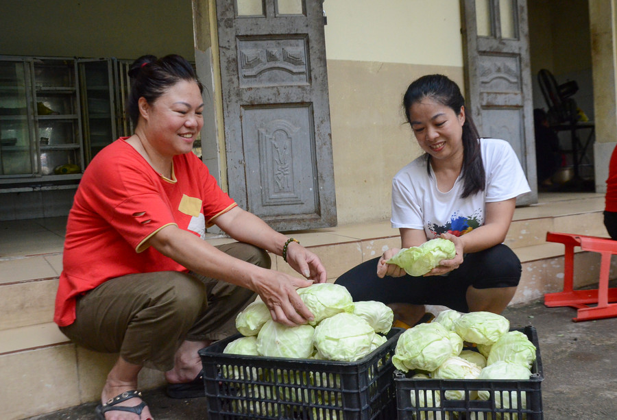 Cô Nguyễn Thị Mai tiếp nhận rau xanh do giáo viên nhà trường đóng góp.