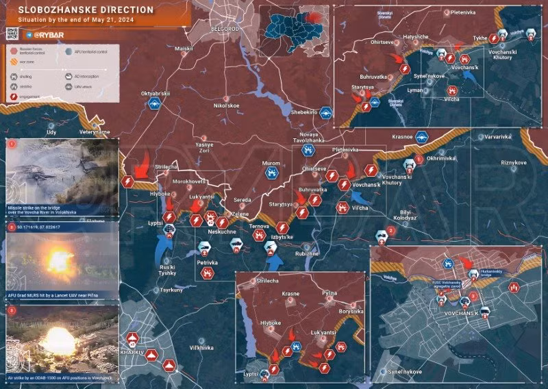 Bản đồ chiến sự Ukraine ngày 21/5, hướng Slobozhanske. (Ảnh: Rybar)