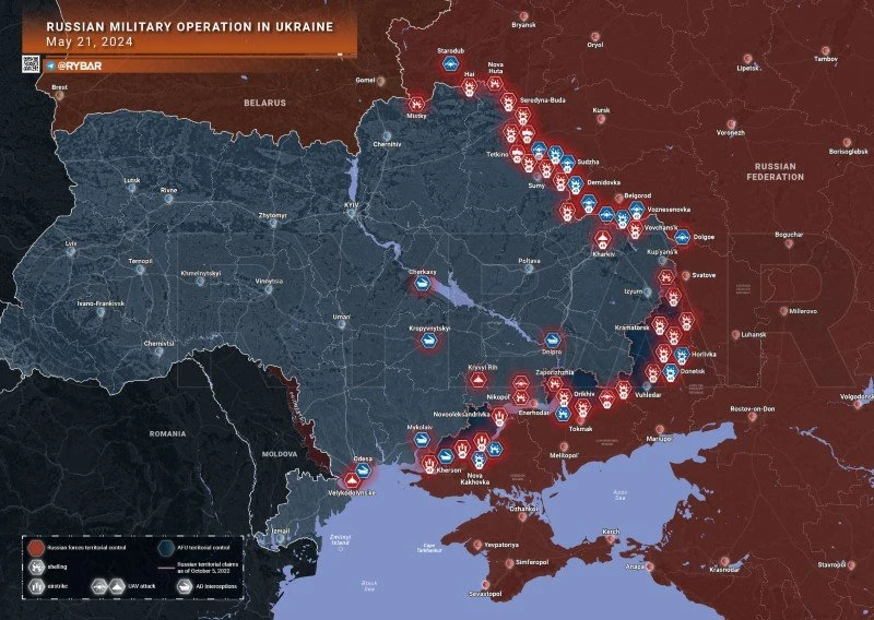 Bản đồ chiến sự Ukraine ngày 21/5. (Ảnh: Rybar)
