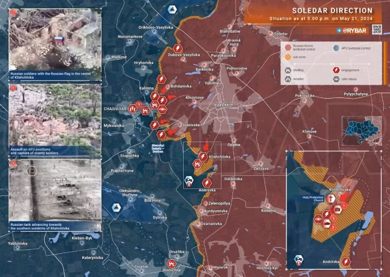 Bản đồ chiến sự Ukraine ngày 21/5, hướng Soledar. (Ảnh: Rybar)