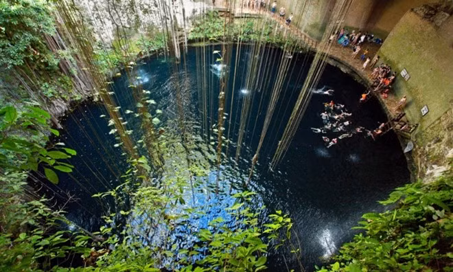Giếng trời Ik-Kil cenote, Yucatán, Mexico: Cenote theo tiếng Maya có nghĩa là giếng, thường được tạo thành do hang sụt. Ik Kil mở thông như giếng trời, khoảng cách giữa mặt đất và mặt nước bên dưới là 26 m. Với đường kính 60 m và độ sâu 40 m, giếng trông rất giống một cái bồn tắm lộ thiên. Hồ nước mở cửa hằng ngày cho du khách đến tắm. Đây cũng được chọn là nơi diễn ra cuộc thi nhảy vực Red Bull. Giếng trời Ik-Kil cenote, Yucatán, Mexico: Cenote theo tiếng Maya có nghĩa là giếng, thường được tạo thành do hang sụt. Ik Kil mở thông như giếng trời, khoảng cách giữa mặt đất và mặt nước bên dưới là 26 m. Với đường kính 60 m và độ sâu 40 m, giếng trông rất giống một cái bồn tắm lộ thiên. Hồ nước mở cửa hằng ngày cho du khách đến tắm. Đây cũng được chọn là nơi diễn ra cuộc thi nhảy vực Red Bull.