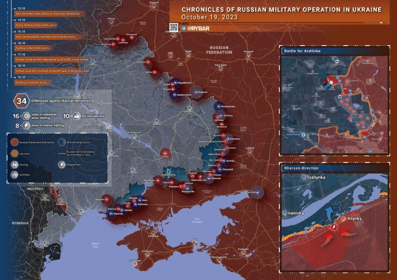 Bản đồ chiến sự Ukraine ngày 19/10. (Ảnh: Rybar)
