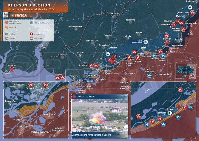Bản đồ chiến sự Ukraine ngày 20/5, hướng Kherson. (Ảnh: Rybar)