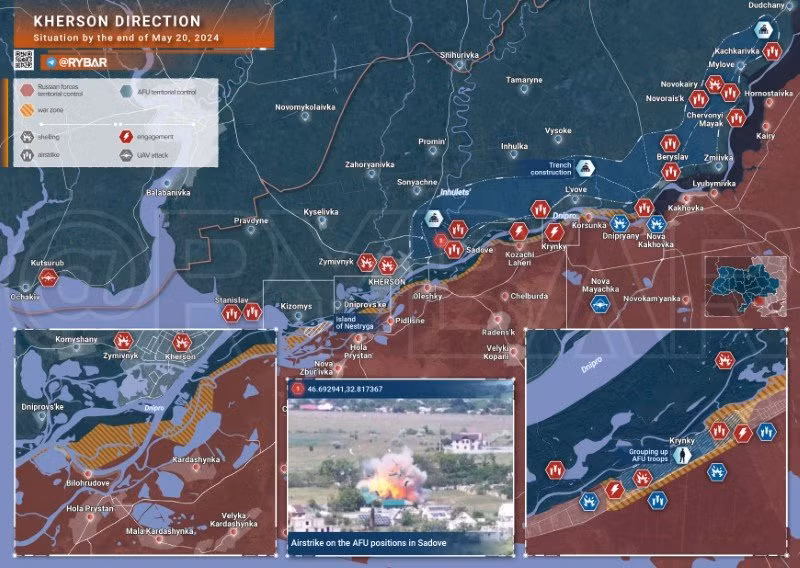 Bản đồ chiến sự Ukraine ngày 20/5, hướng Kherson. (Ảnh: Rybar)