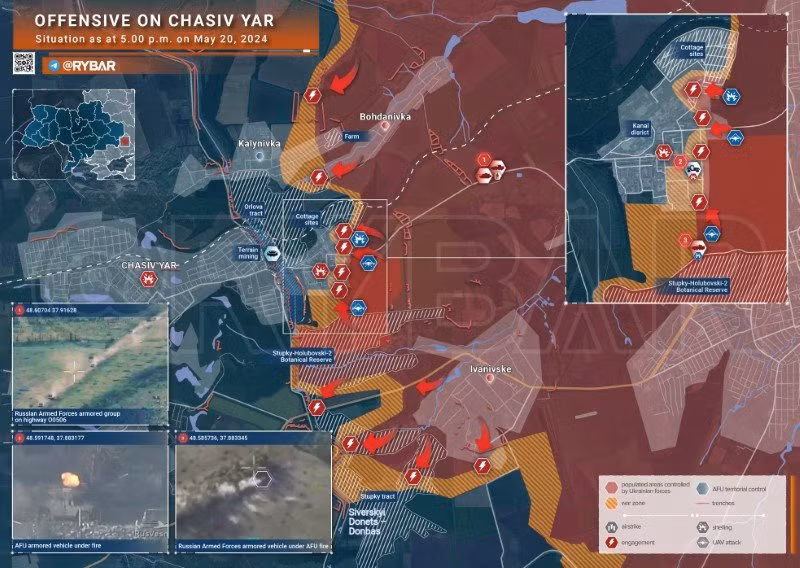 Bản đồ chiến sự Ukraine ngày 20/5, khu vực Chasov Yar. (Ảnh: Rybar)