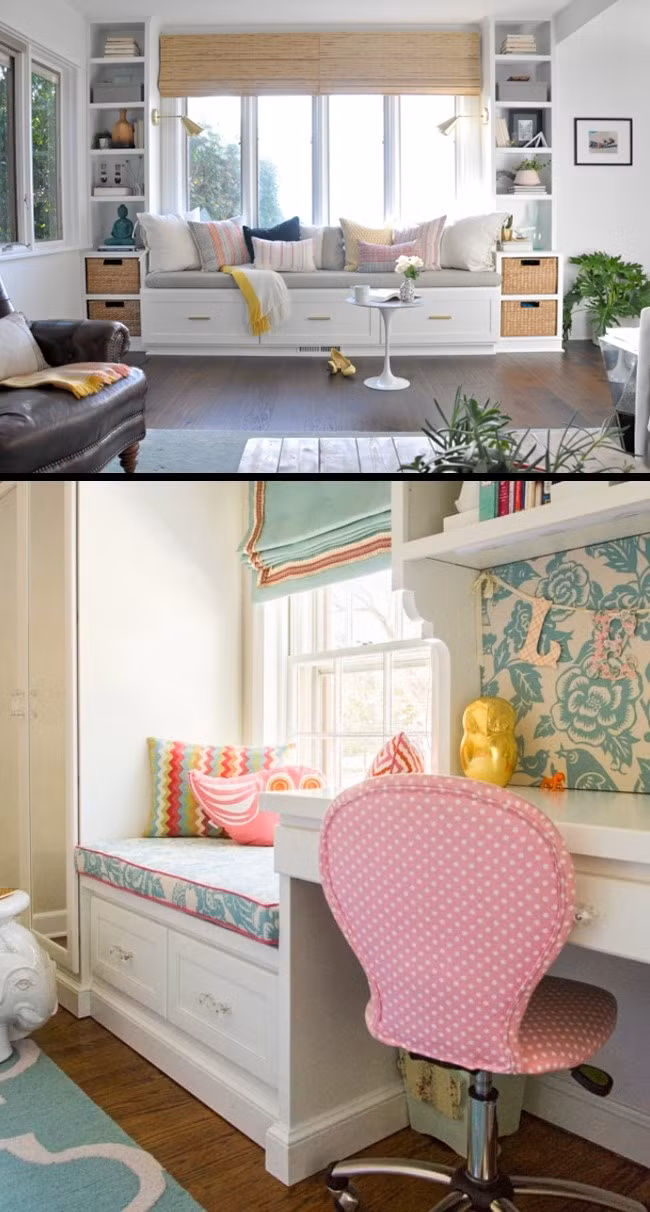 Ghế ngồi bên cửa sổ. Không gian bên cửa sổ là nơi tuyệt vời để thư giãn. Nó cũng có thể vừa là nơi chứa đồ vừa là chiếc ghế êm ái, nơi bạn có thể ngồi thưởng thức một cuốn sách hay.