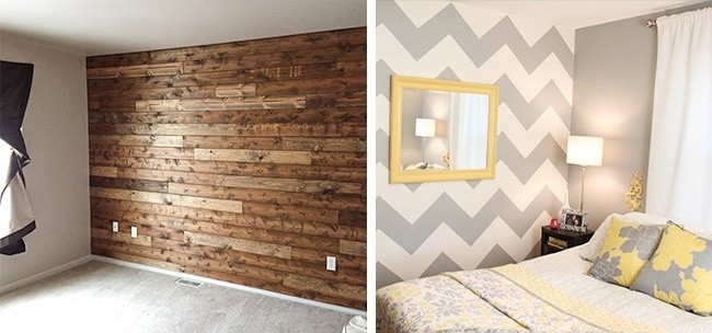 Tạo điểm nhấn với bức tường. Để làm cho căn phòng thêm sắc màu và hấp dẫn, bạn không cần sơn tất cả các bức tường. Chỉ cần sơn một bức và trang trí nó là xong.