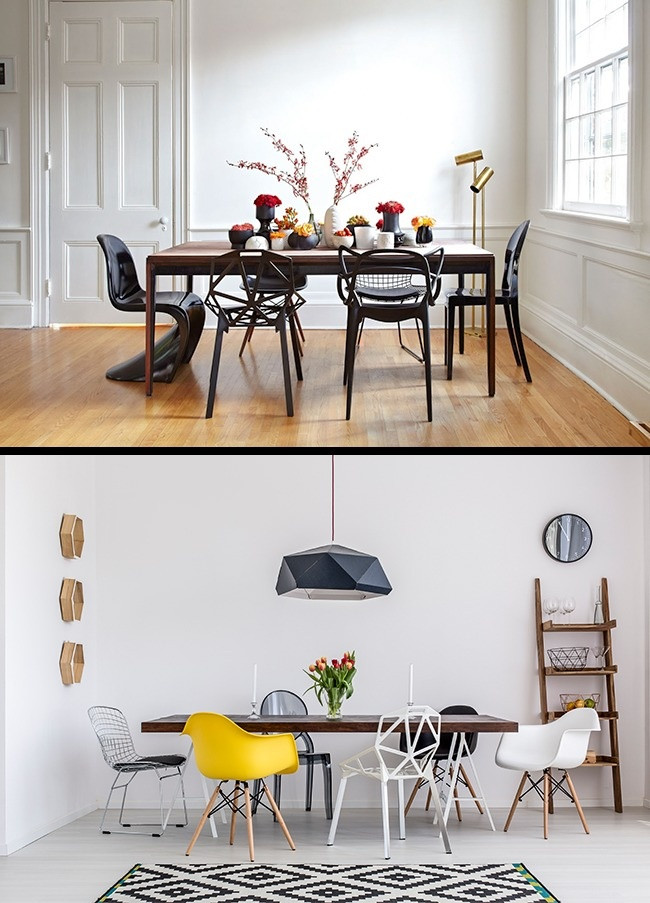 Tập hợp những chiếc ghế khác nhau. Đặt những chiếc ghế giống hệt nhau quanh bàn ăn có lẽ đã lỗi thời và buồn tẻ. Các chuyên gia trang trí hiện nay đang đề nghị mang những chiếc ghế khác nhau lại cùng một chỗ, chỉ cần đảm bảo chúng hòa hợp với nhau. Ví dụ, chúng có thể có cùng màu sắc hoặc có thiết kế tương tự nhau..