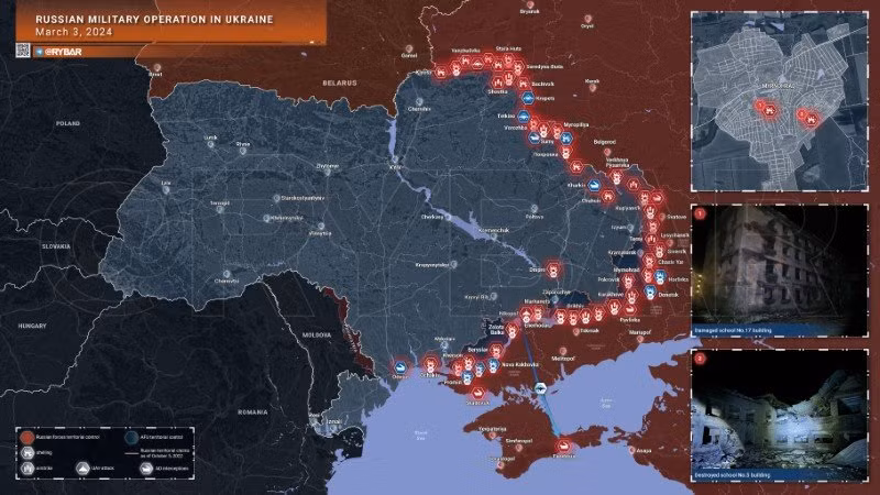 Bản đồ chiến sự Ukraine ngày 3/3. (Ảnh: Rybar)