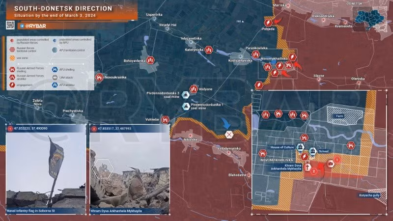 Bản đồ chiến sự Ukraine ngày 3/3, hướng Nam Donetsk. (Ảnh: Rybar)