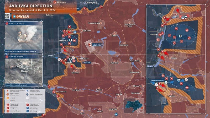 Bản đồ chiến sự Ukraine ngày 3/3, khu vực Avdeevka. (Ảnh: Rybar) Bản đồ chiến sự Ukraine ngày 3/3, khu vực Avdeevka. (Ảnh: Rybar)
