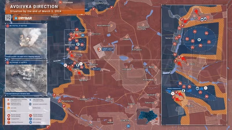 Bản đồ chiến sự Ukraine ngày 3/3, khu vực Avdeevka. (Ảnh: Rybar)