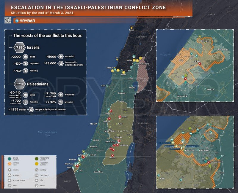 Bản đồ xung đột Israel - Hamas ngày 3/3. (Ảnh: Rybar)