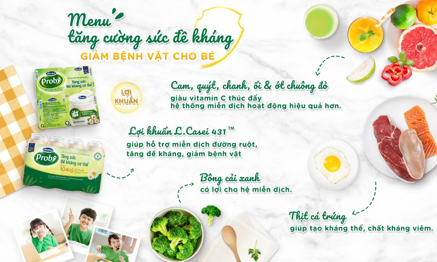 Chế độ ăn cân đối, đa dạng và bổ sung thêm lợi khuẩn để tăng đề kháng, giảm ốm vặt.