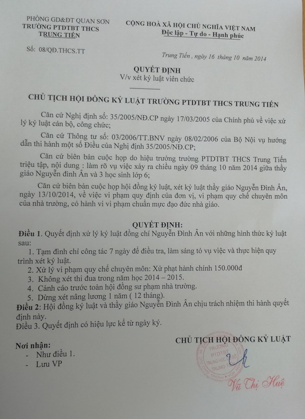 Quyết định kỷ luật thầy giáo Nguyễn Đình Ân