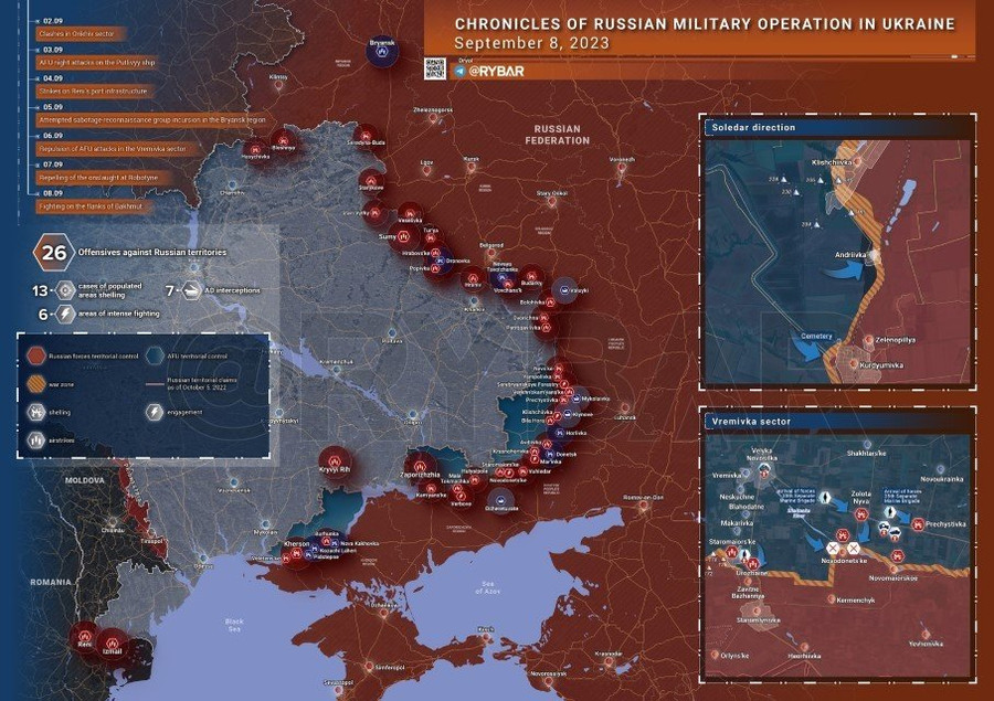 Bản đồ chiến sự Ukraine ngày 8/9. (Ảnh: Rybar).