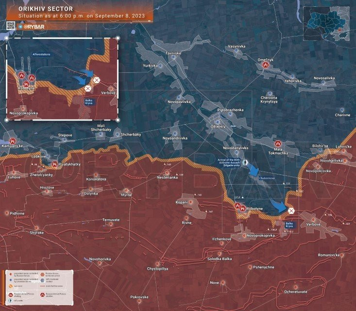 Bản đồ chiến sự vùng Orikhiv. (Ảnh: Rybar).