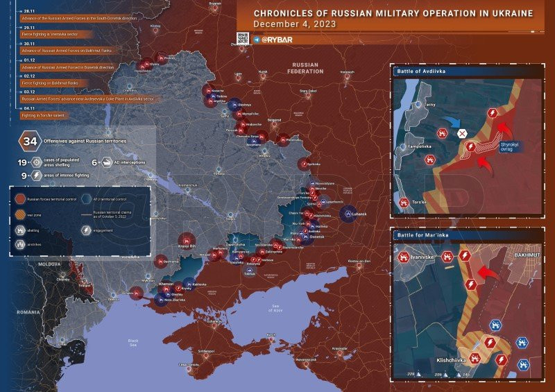 Bản đồ chiến sự Ukraine ngày 4/12. (Ảnh: Rybar). Bản đồ chiến sự Ukraine ngày 4/12. (Ảnh: Rybar).