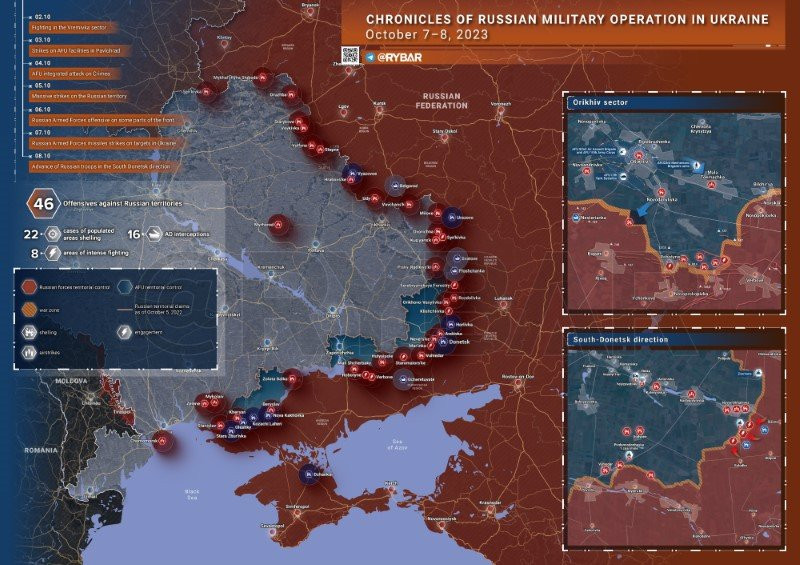 Bản đồ chiến sự Ukraine ngày 7-8/10. (Ảnh: Rybar).