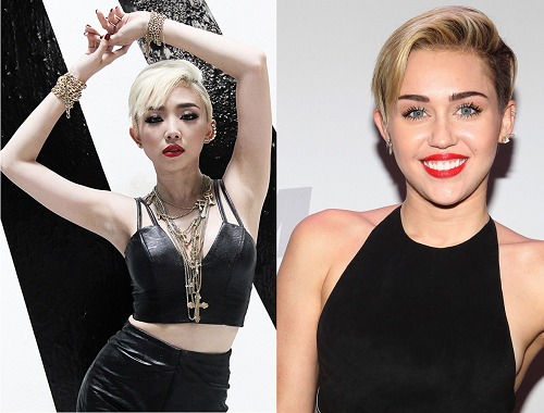 Nữ hoàng Vũ điệu cồng chiêng lột xác với style “gái hư” giống Miley Cyrus. Mái tóc pixie được tạo kiểu undercut “chuẩn men” cùng cặp môi đỏ dày giúp Tóc Tiên ghi điểm trong hình tượng sexy. Hình ảnh của Tóc Tiên khiến khán giả liên tưởng đến một Miley Cyrus nổi loạn trong bài hát Wrecking ball. nhung-kieu-lam-dep-giong-sao-ngoai-cua-hot-girl-viet-2