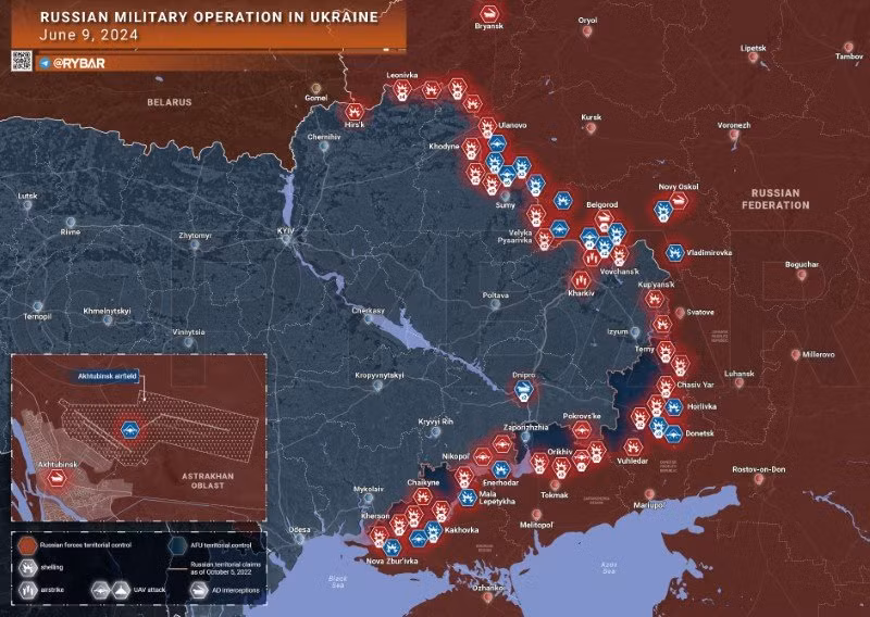 Bản đồ chiến sự Ukraine ngày 9/6. (Ảnh: Rybar)